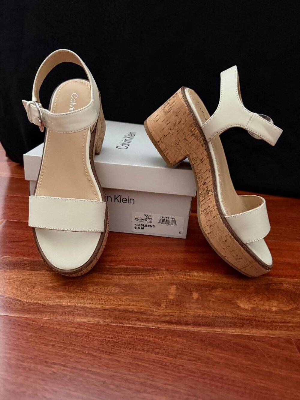 Calvin Klein Isleen 3 ankle strap platform wedge in Ivory/Cream 6.5M